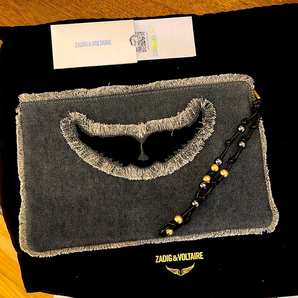 Beautiful black washed denim clutch by Zadig & Voltaire , brand new with a tag